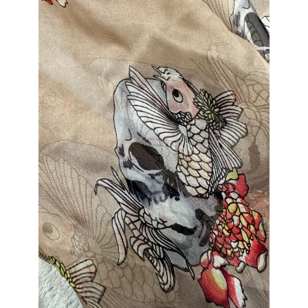 100% Silk Scarf Skull & Koi Fish Print Sheer 2' x 8' Brand New With Tags A. Zooe